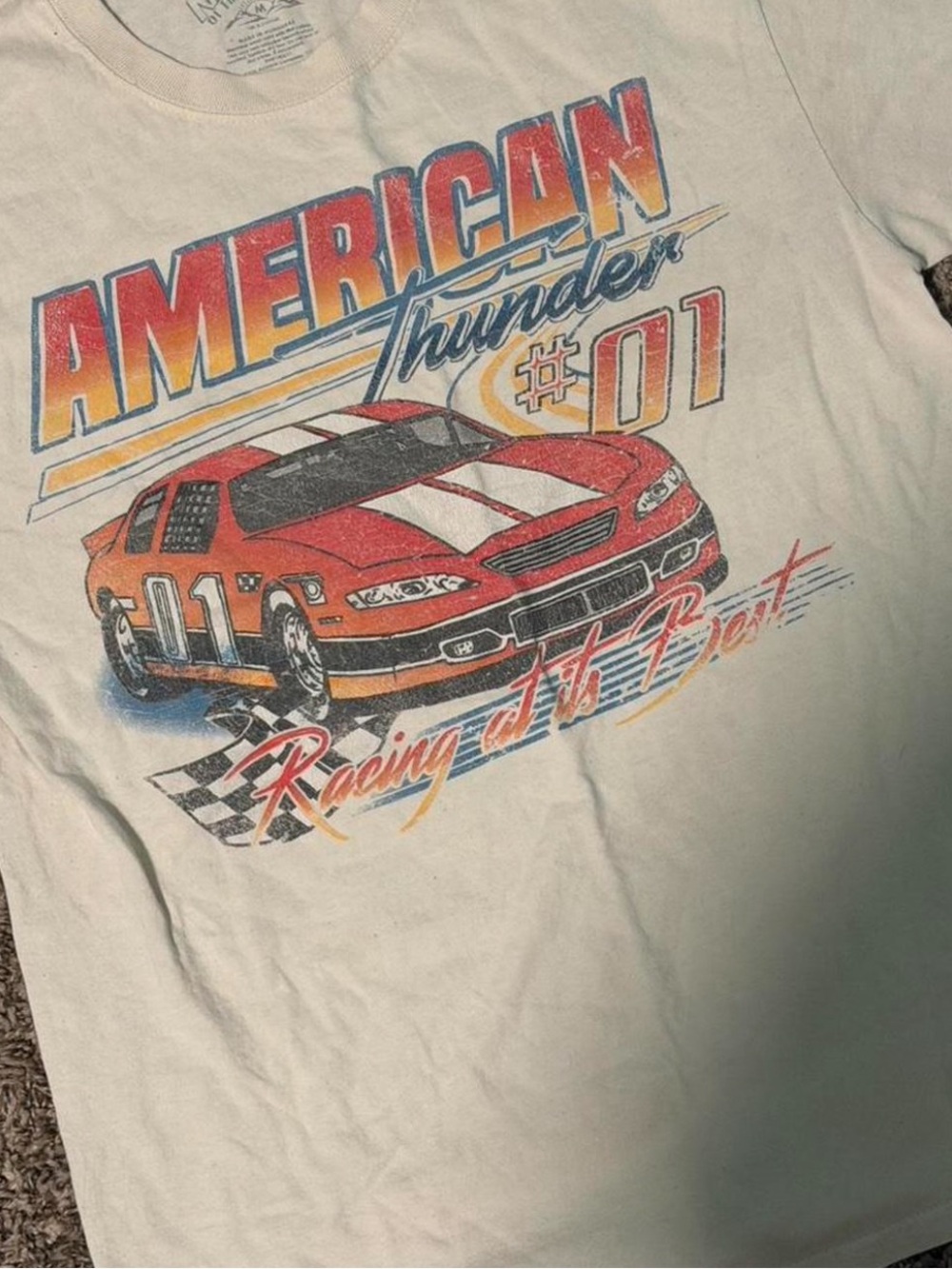 PacSun American Thunder Racing Tee - White with Red and Yellow Graphic